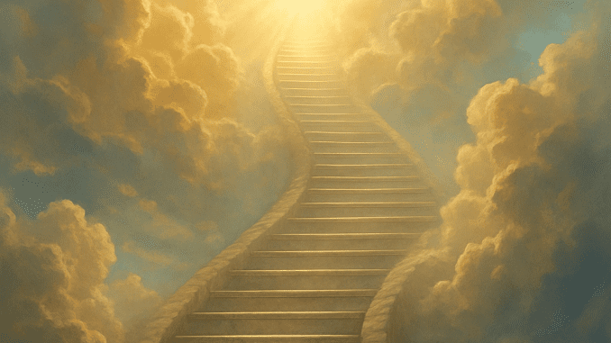 A symbolic image of stairs leading to a bright, heavenly sky, representing the journey of Celebrities Who Died Young.
